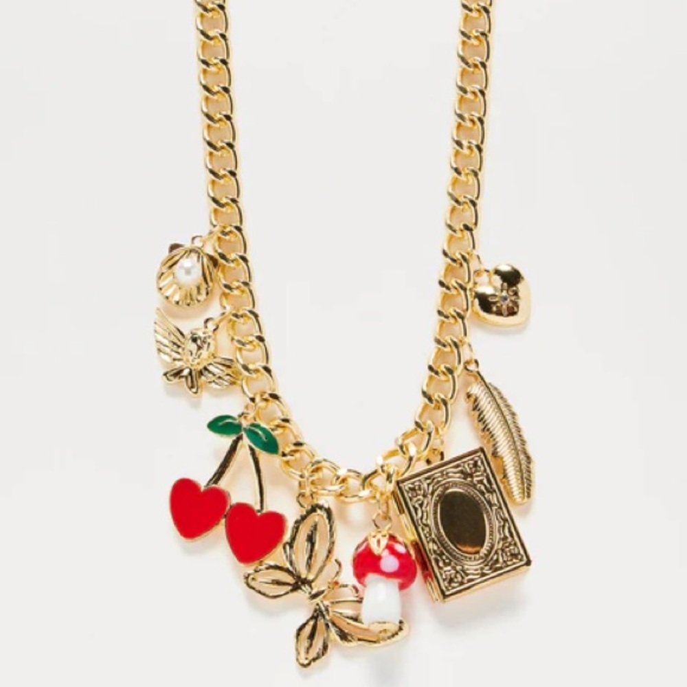 Mushroom cherry butterfly charm necklace